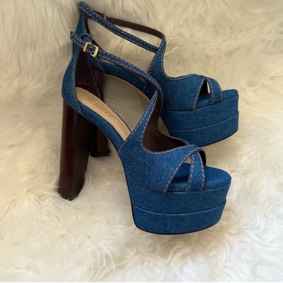 New! Schutz Latifah Denim Platform Block Heel Sandals in Blue - Picture 5 of 11